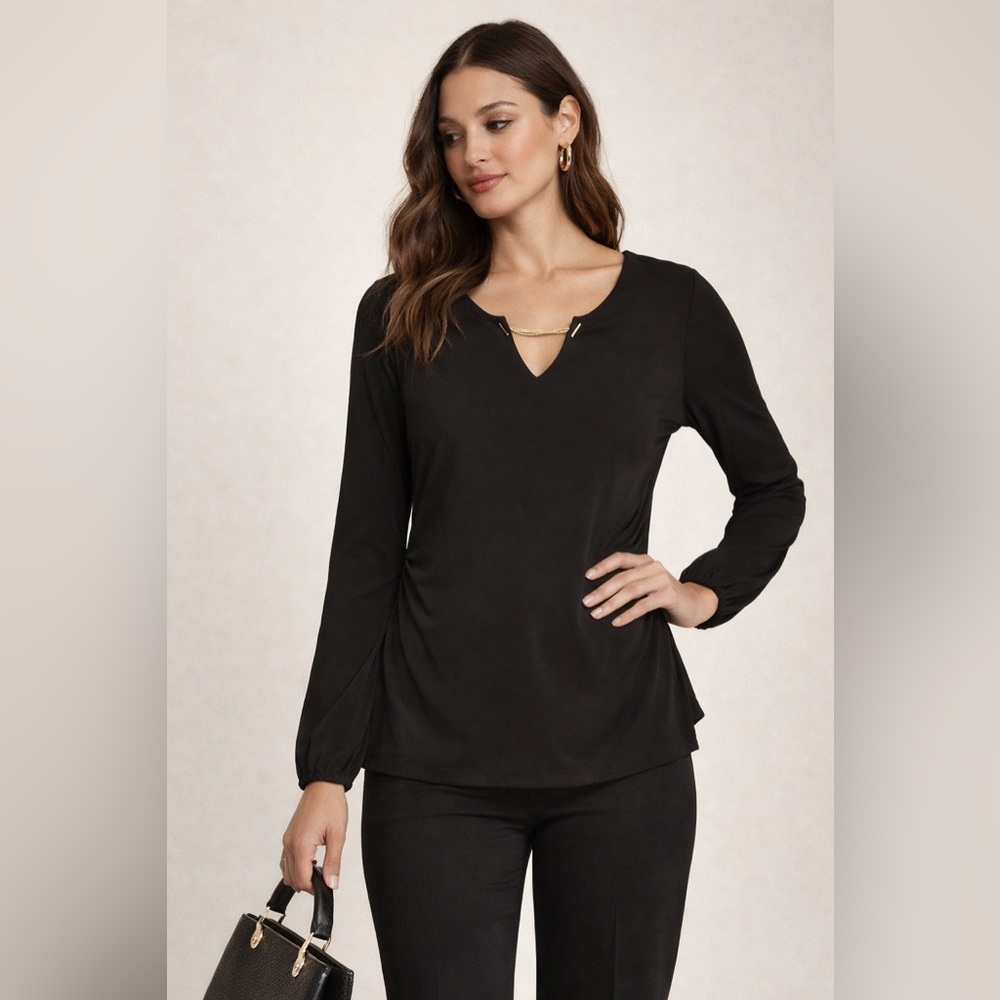 White House Black Market Long Sleeve Black Blouse Size Small V-Neck Gold Chain
